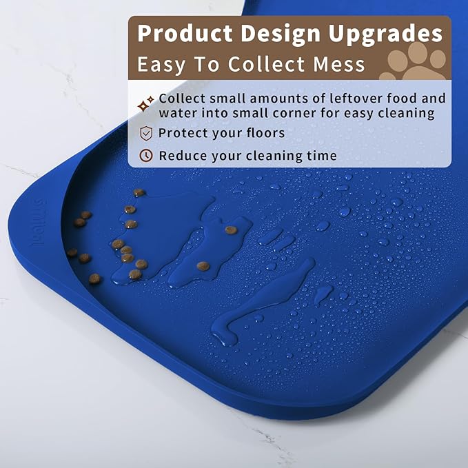 Smilool Silicone Pet Food Mat with Raised Edge for Food and Water Bowl, Dog Feeding Mats, Cat Food Trays for Floor Waterproof, Rubber Tray for Dogs and Cats, 22 x 14 x 0.8 Navy Blue
