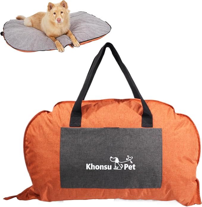 Portable Waterproof Dog Mat for Camping, Patio & Travel - Foldable Outdoor Dog Bed with Teflon Shell & Removable Plush Pad - Easy Clean, Durable - S (Bright Orange)