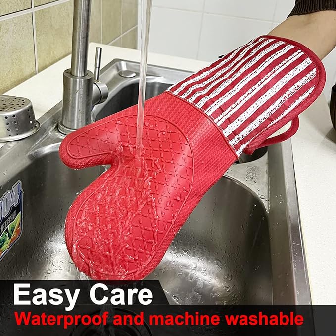 Silicone Oven Mitts Heat Resistant 932℉ with Waterproof & Non-Slip Kitchen Mittens, Set of 2 Extra Long Oven Gloves with Soft Cotton Terry Lining for Baking Cooking Barbecue (2, Red Mitts)