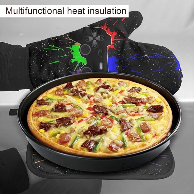 Video Game Joystick Oven Mitts and Pot Holders Insulated Gloves & Kitchen Counter Safe Mats for Cooking BBQ Baking Grilling (2-Piece Set)