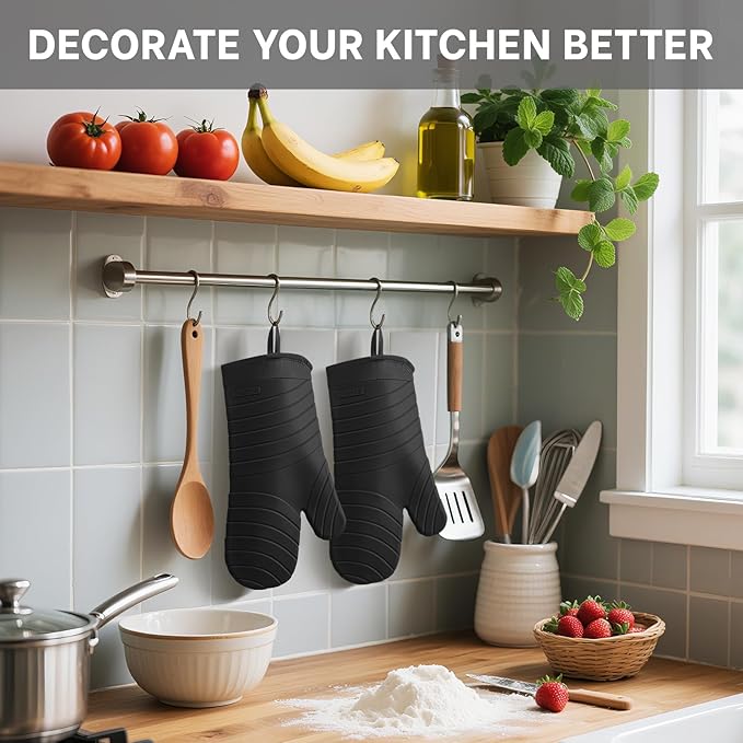 Beneno Heat Resistant Silicone Oven Mitts BPA-Free, Non-Slip Textured Grip & Quilted Cotton Lining, Waterproof Kitchen Mitt 2-Pack Set, 7"x13", Black