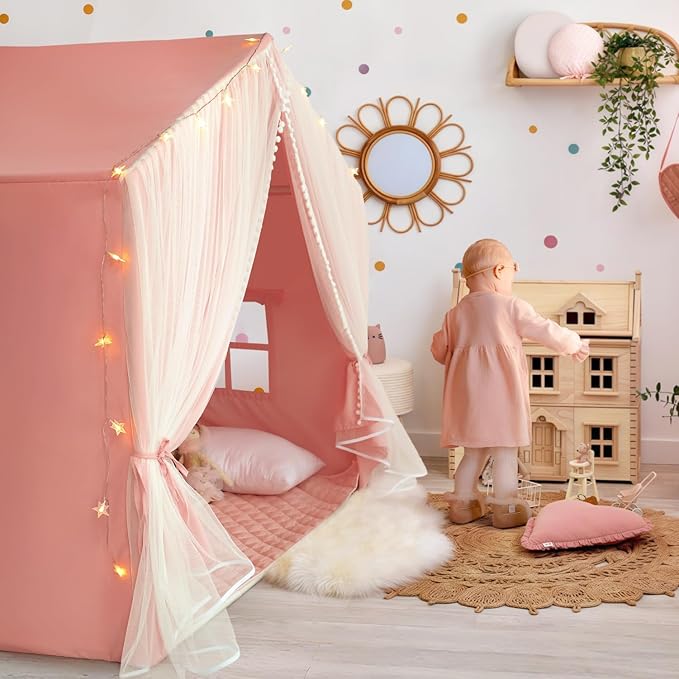 Kids Tent with Mat, Kids Play Tents Indoor, Princess Tent for Girl, Toddler Tents Playhouse for Kid, Large Play Cottage Pink, Kid Toys for Girl Birthday Gift
