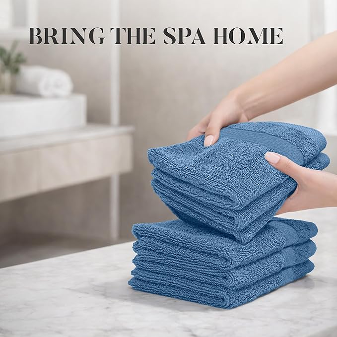 RIVERSIDE 12 Pack Premium 100% Cotton Face Wash Cloths, 12 x 12 Inches, Soft & Absorbent Face Towels for Bathroom Wash Clothes, 550 GSM Luxury WashCloths for Showering, Body, Spa & Gym, Electric Blue