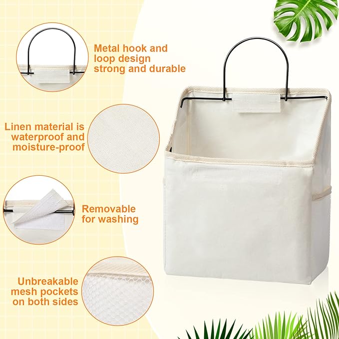 Chumia 6 Pack Wall Hanging Storage Basket Bathroom Closet Hanging Storage Bag over the Door Organizer Basket Bedroom Wall Organizer Waterproof Linen Cotton Box Containers and 10 Hooks(White)