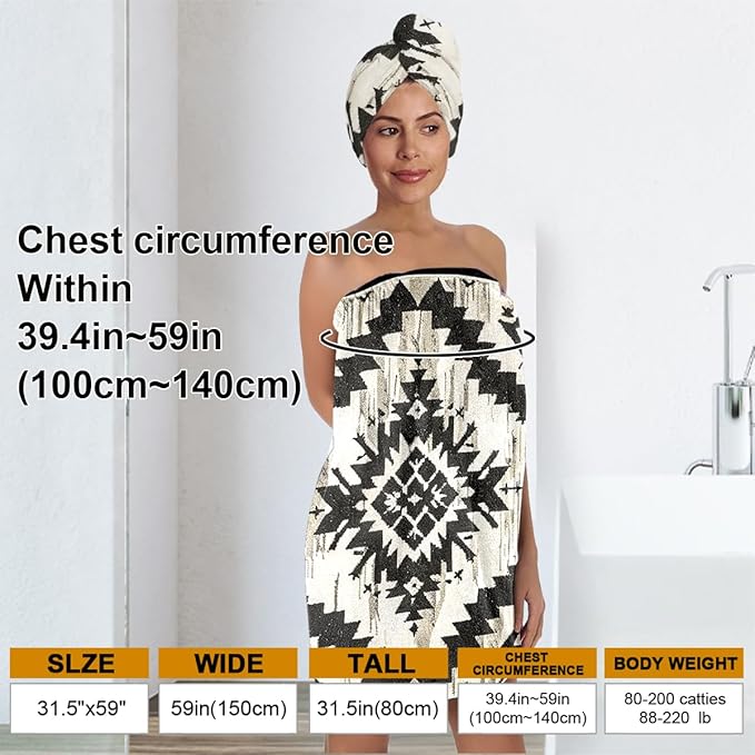 YWZDS Navajo Spa Wrap Bath Towel Set with Hair Turban, Aztec Geometric Absorbent Quick-Dry, Spa Towel Wrap, Towel Robe for Women