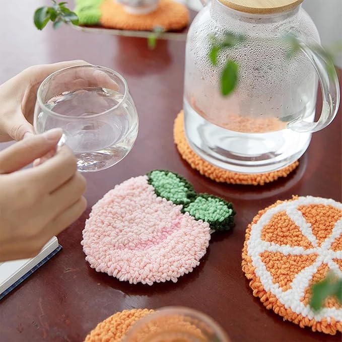 Allazone Punch Needle Kits, Punch Needle Coasters Kit, Punch Embroidery Kit with Felt Yarns Hoop Tools for DIY Coaster Crafts (Fruits)