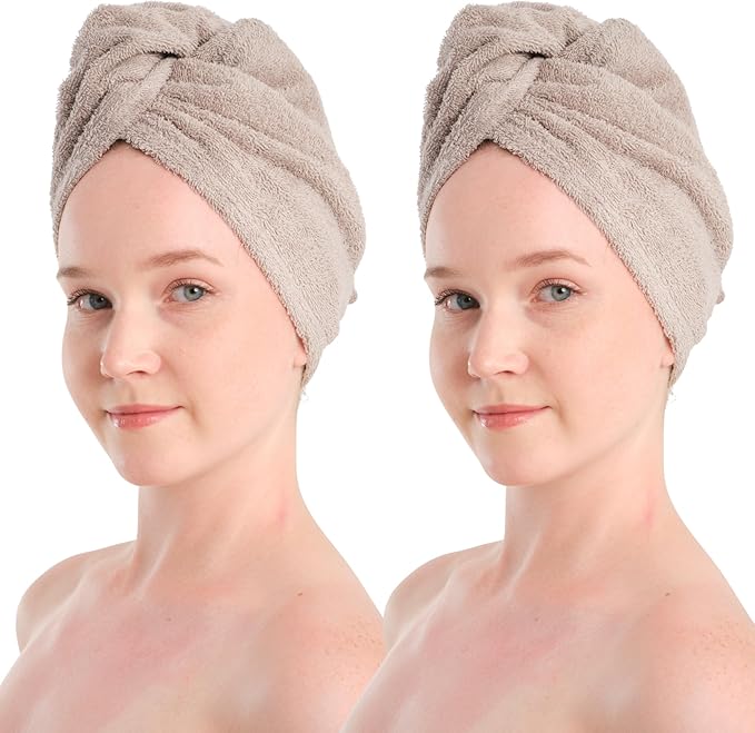 Seritaine Hair Towel Wrap for Women 2 Pack – 100% Turkish Cotton Turban for Wet Hair Quick Dry – Soft & Gentle Head Towel Cap– Soft and Absorbent Cotton - 10x26 inch