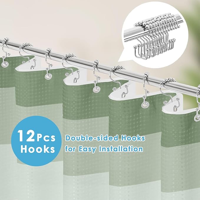 Nesphy Shower Curtain and Liner, Ombre Green Striped 3 in 1 Shower Curtain and PEVA Liner Set with 12 Rust-Resistant Metal Hooks, Waterproof Fabric Shower Curtains for Bathroom, 72 W x 72 H