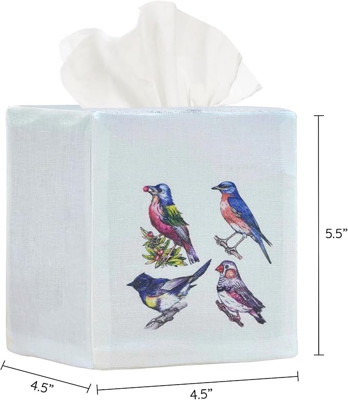 EmbroideryLinen.VN Tissue Box Cover Set of 2, Square Linen Tissue Holder, Printed Animal Pattern, 4.5x4.5x5.5 Inches, Decorative Holder for Bathroom, Living Room, Office (Four Birds)