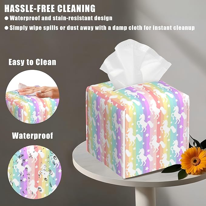 Leather Tissue Box Holder Unicorn Silhouette on Rainbow Stripes Tissue Box Cover Facial Paper Case Organizer Cube Napkin Dispenser for Bathroom Vanity Countertop Night Stand Office Car