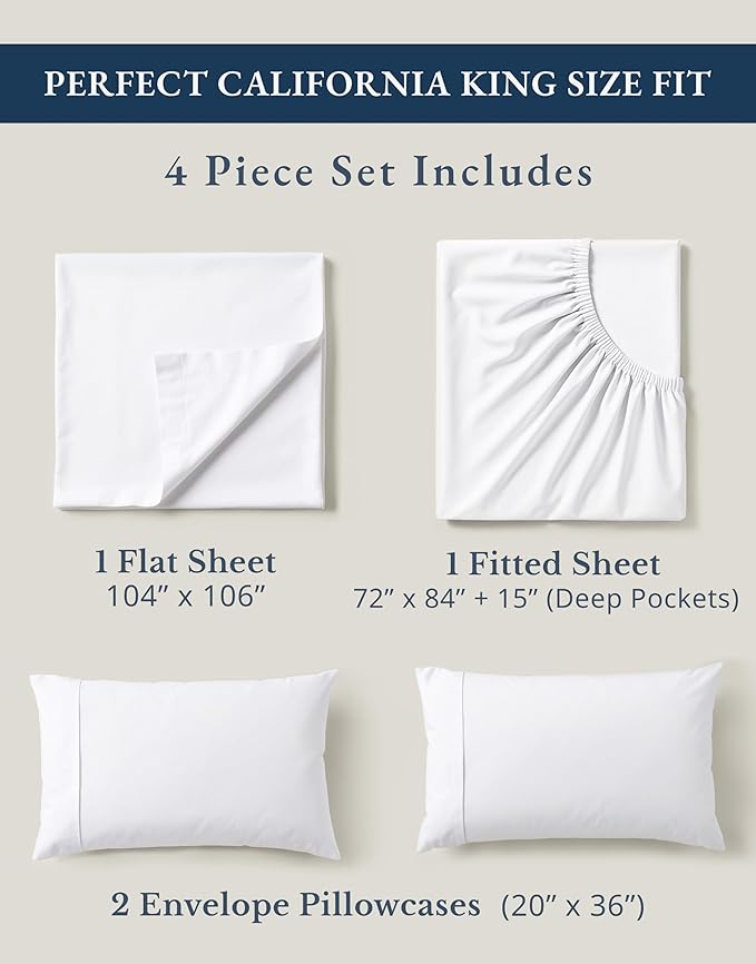 LANE LINEN 100% Organic Cotton California King Sheets Set, 4-Piece Pure Long Staple Percale Weave Ultra Soft Best Bedding Sheets for Bed, Fits Mattress Upto 15" Deep Cal King Sheets- White