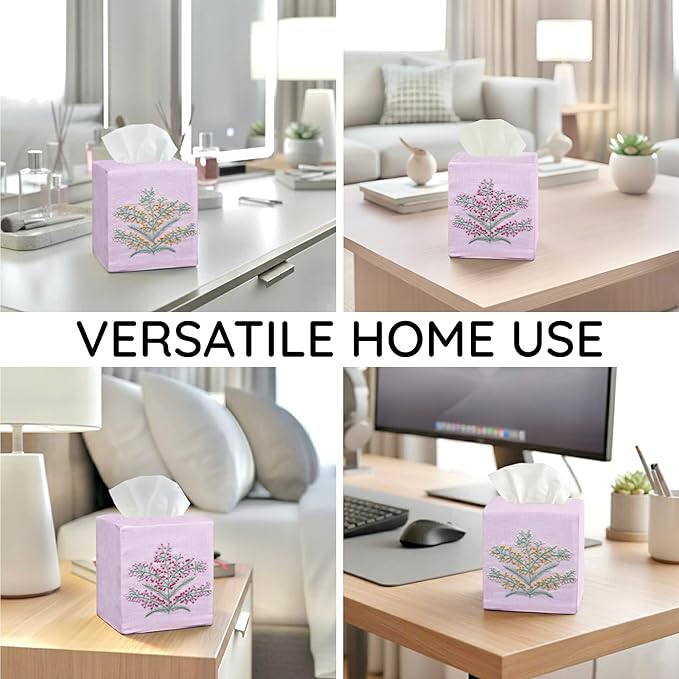 EmbroideryLinen.VN Tissue Box Cover Set of 2, Square Linen Tissue Holder, French Knot Hand Embroidered Floral Design, 4.5x4.5x5.5 Inches, Decorative Holder for Bathroom, Living Room, Office (Pink)