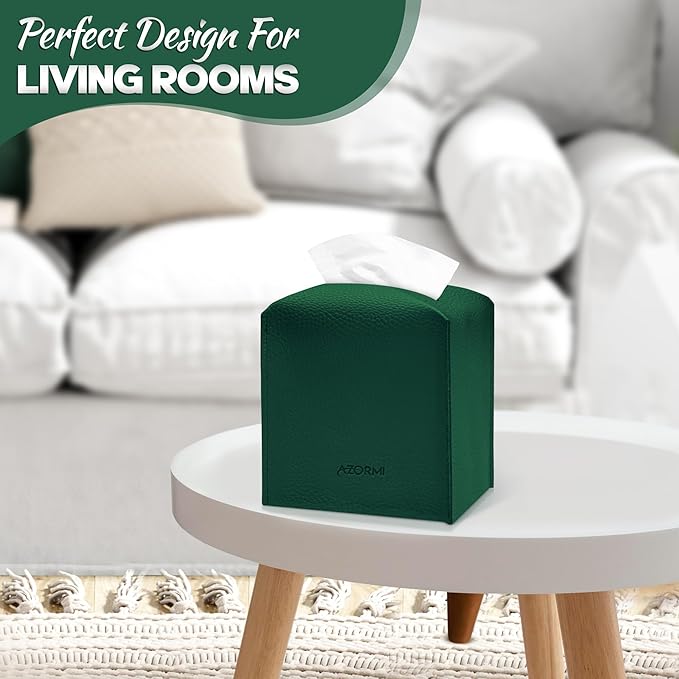 Tissue Box Cover Holder, PU Leather Tissue Box Cover Square with Bottom Belt, Cube Tissue Holder for Bathroom, Modern Organizer for Car, Office, Tabletop (Green., 14 Leather Patterns)