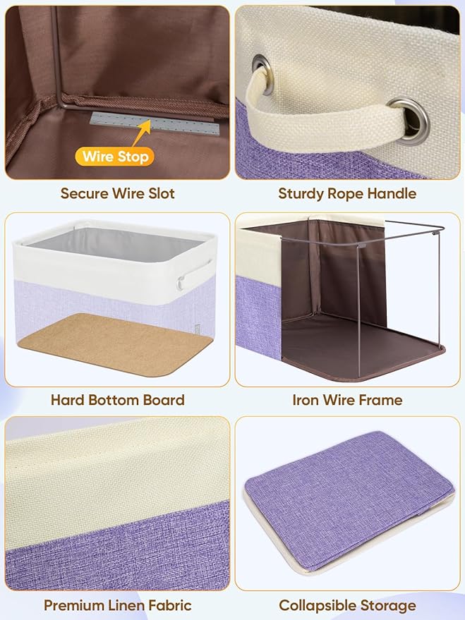 BALEINE 2 Pack Fabric Storage Bins for Shelves, Linen Storage Baskets for Organizing, Decorative Closet Bins for Clothes, Home (Lavender, 15''x11''x9.5'')