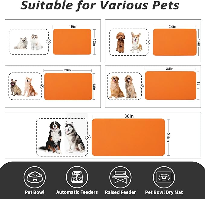 HotLive Dog Food Mat - Absorbent Cat Mat for Food and Water, No Stains Pet Feeding Bowl Mat, Easy to Clean Pet Placemats, Quick Dry Dog Water Dispenser Mat for Messy Drinkers | Orange 12"x 19"