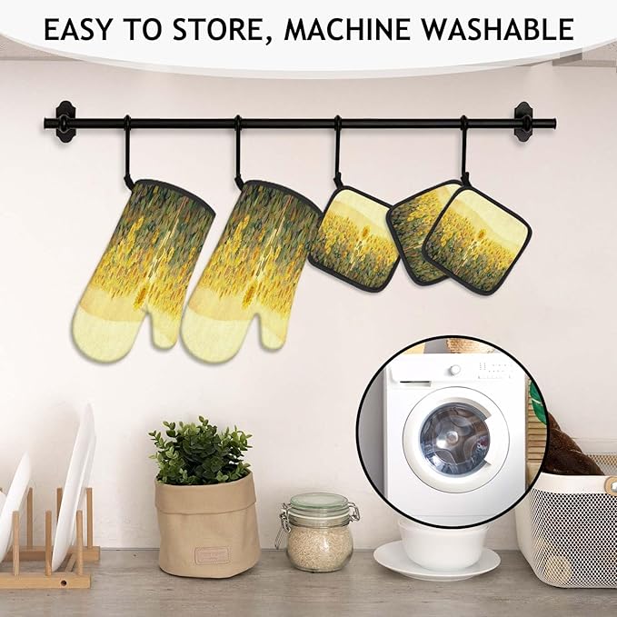 Sunflowers Oven Mitts and Pot Holders Set, Abstract Country Style Heat Resistant Oven Gloves - Comfortable and Easy to Clean - Perfect Kitchen Accessories for Durability and Style