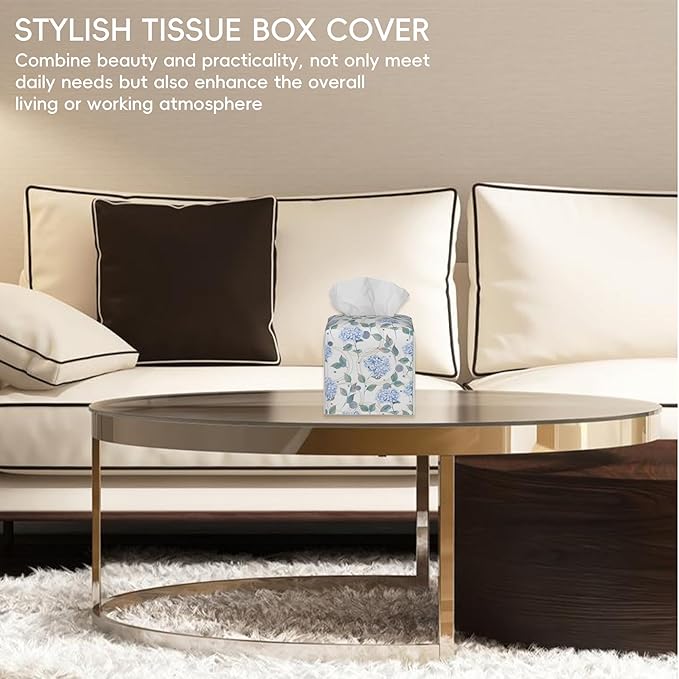 OHEGBXE Contemporary Floral Tissue Box Cover Holder Cube Facial Paper Organizer Dispenser, Abstract Hydrangea Flower, Square, PVC Leather, 5.2"L x 5.2"W x 5.2"H