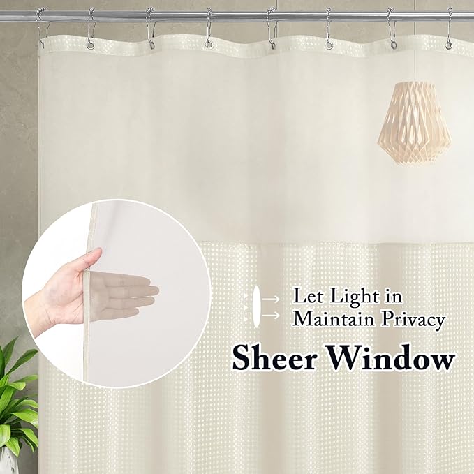 Gibelle Waffle Weave Shower Curtain with Mesh Top Window and Hooks Set, Spa Like Hotel Style Fabric Shower Curtain for Bathroom, Ivory, 72x72