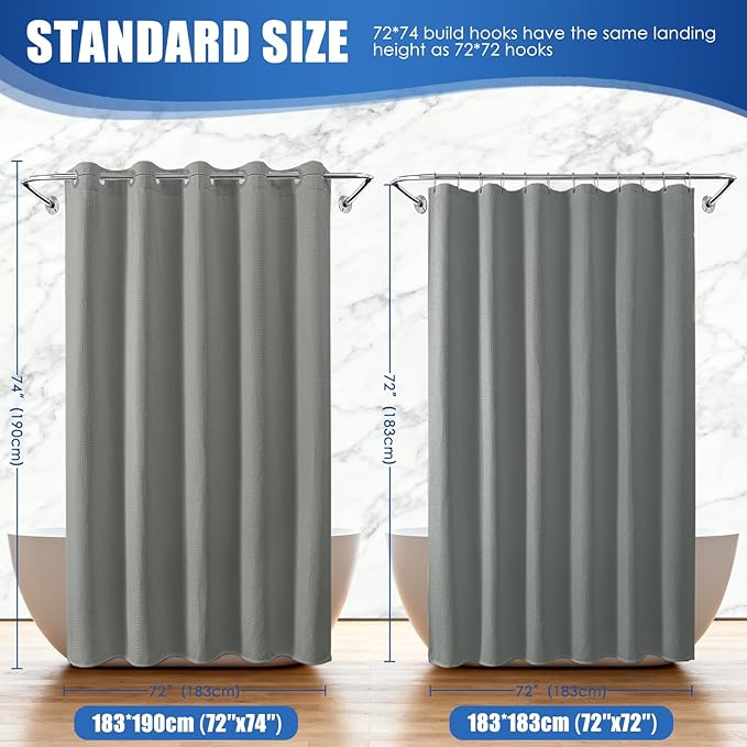 Zemyovia Waterproof No Hooks Waffle Shower Curtain, 260GSM Heavy Duty Fabric, with 10 Durable Split Grommets, Luxury Hotel Spa Style for Bathroom, Machine Washable, 74 x 72 Standard Size, Grey