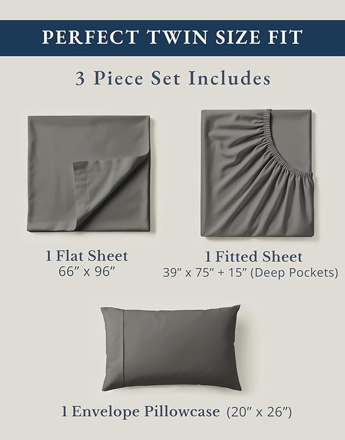 LANE LINEN 100% Organic Cotton 3Pc Bed Sheets Twin Size, Classic Percale Weave, Soft & Comfy Fully Elasticized Naturally Cooling Cotton Sheets, Low Pill Machine wash Twin Sheet Set- Charcoal