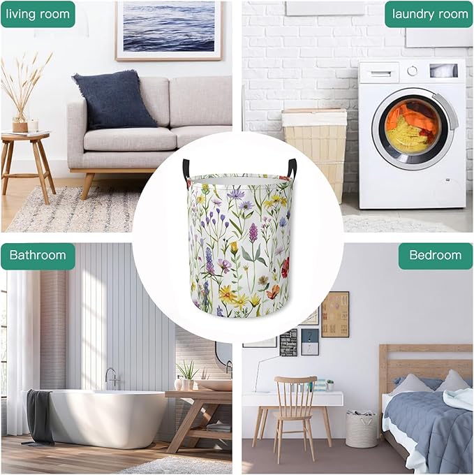 Laundry Basket Wildflower Meadow Collapsible Laundry Hamper with Handles Clothes Storage Bin for Household Bedroom Bathroom College Dorms