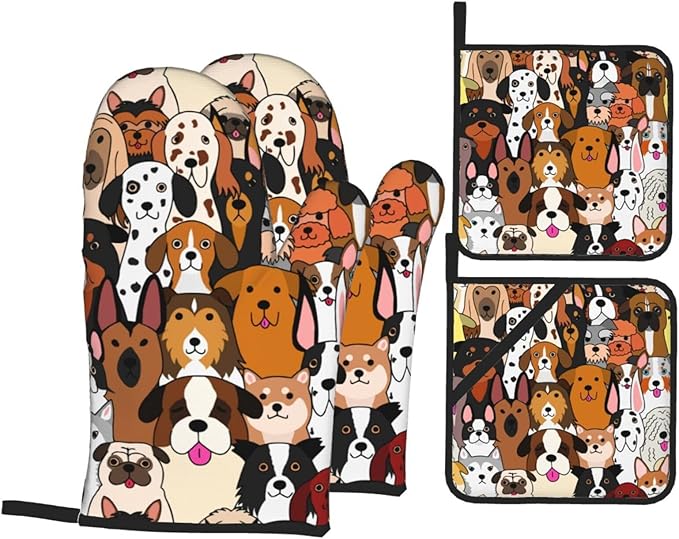 Cute Dogs Oven Mitts and Pot Holders 4 Pcs Set Oven Gloves and Potholders for Cooking Microwave BBQ Baking Grilling