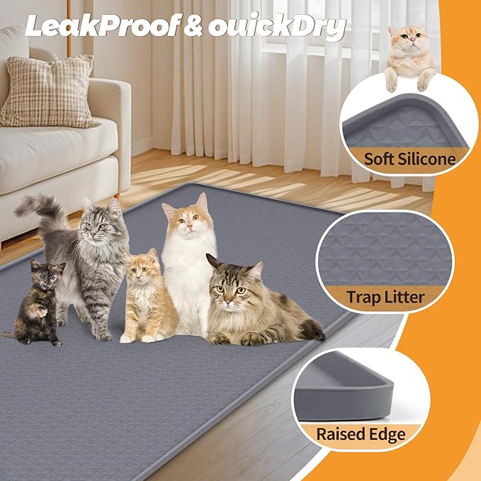 Bartuke Cat Litter Mat, Extra Large 51" x 25.6" Silicone Mat Litter Trapping Mat for Scatter Control, Soft on Kitty Paws, Easy to Clean (Dark Grey)