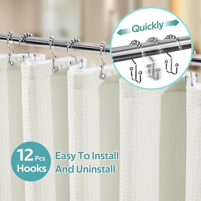 Vipfree 3 in 1 Shower Curtain Set, Waffle Shower Curtain and Liner Set with 12 Double Sided Shower Curtain Hooks, 258GSM Luxury Weighted Cloth Shower Curtains for Bathroom, 72 W x 84 H, Cream