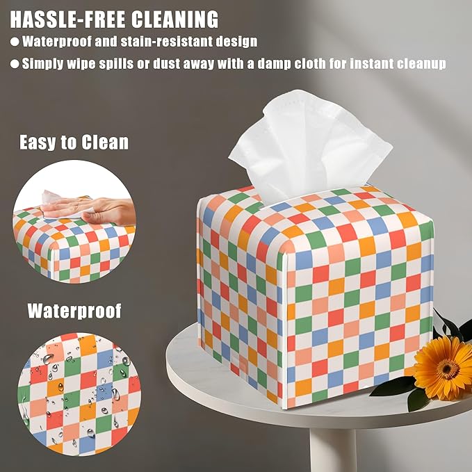 Retro Leather Tissue Box Holder Colorful Checkerboard Tissue Box Cover Facial Paper Case Organizer Cube Napkin Dispenser for Bathroom Vanity Countertop Night Stand Office Car