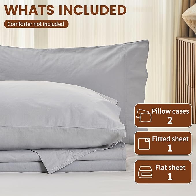 100% Linen Sheets Queen Size,Breathable & Durable 4-Piece Bed Flax Sheet Set,Soft All-Season Bedding for Hot Sleepers 16" Deep Pocket Oeko-TEX Certified,（Queen, Grey）