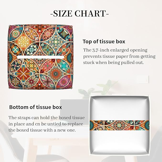 Tissue Box Cover Holder, Vintage Mandala Flowers PU Leather Square Tissue Box Cover Decorative Organizer for Bathroom Kitchen Bedroom Vanity Countertop Night Stands