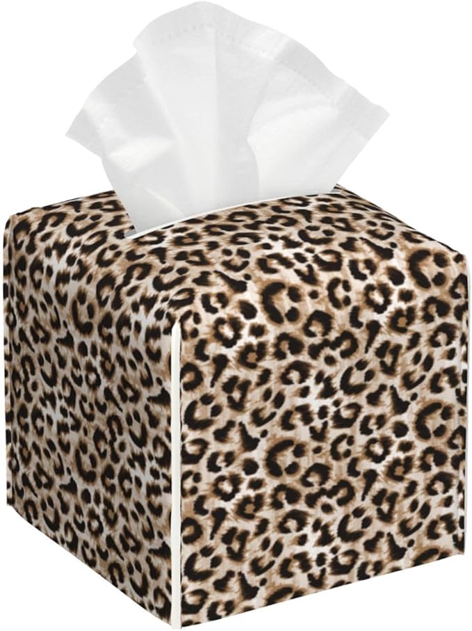 PVC Tissue Box Cover Holder,Leopard Square Decorative Organizer,5.2"X5.2"X5.2" Tissue Case for Bathroom,Tabletop,Car,Office