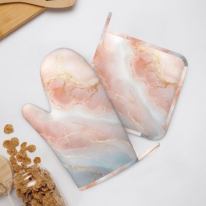 Oven Mitts Pot Holders Set Marble Light Pink Abstract Silicone Kitchen Gloves Potholders Heat Resistant for Chef Baking Cooking Grilling BBQ 4 Pack Mitt