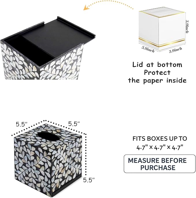 PEMAR Handcrafted Wooden Tissue Box Cover for Small Cube Tissue Boxes Only (Max Inner Size 4.7”) – Mother of Pearl Inlay Decorative Tissue Holder for Bathroom, Living Room & Office (White Vines)