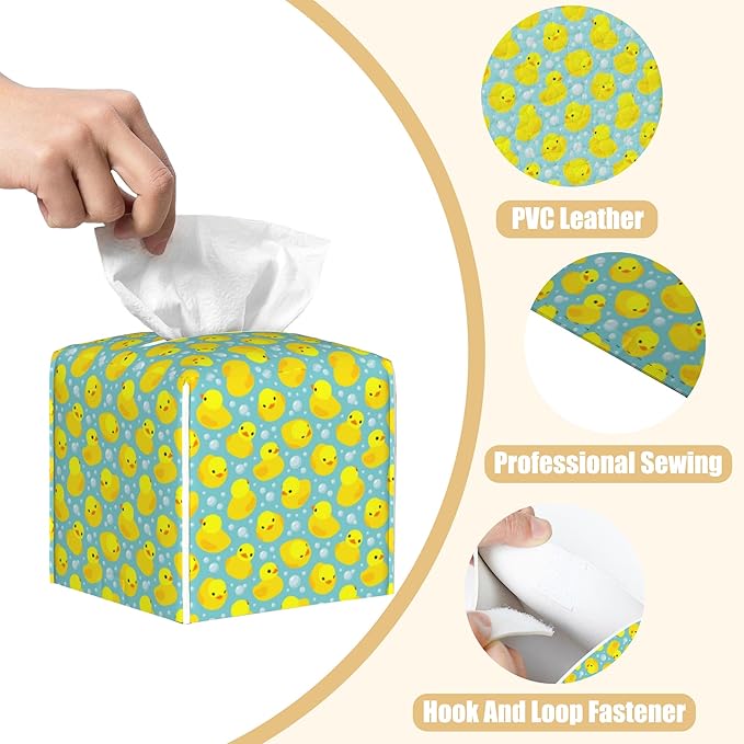 BLYKVGHQ Yellow Rubber Ducks Tissue Box Cover Square, Tissue Box Holder with Bottom Belt Leather Facial Paper Organizer Dispenser for Bathroom Bedroom Dresser Night Stand Tabletop