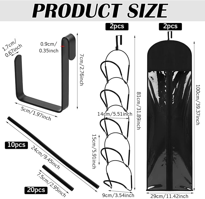 Blulu 10 Pcs 10 Pcs Wig Hangers Rack for Multiple Wigs with Dust-proof Storage Bags, Hanging Storage Organizer for Hat with Anti-slip Grips Space Saving for Door Wall Closet Bathroom (Black)