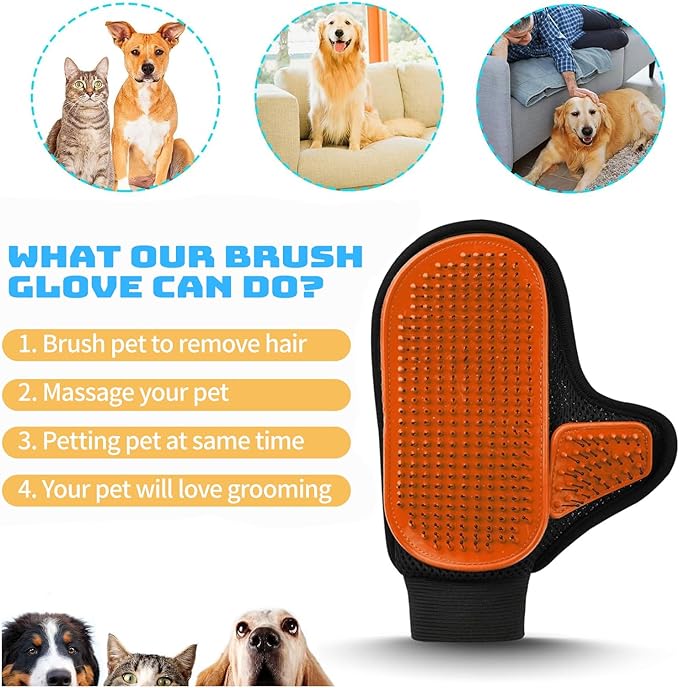 Beenefits 2025 Pet Grooming Glove with Tipped Pin Brush,Special Design Deshedding Glove, Perfect Petting Tool for Sensitive Dogs & Cats with Long & Medium Fur, Massage Mitt - Right-Hand - Orange