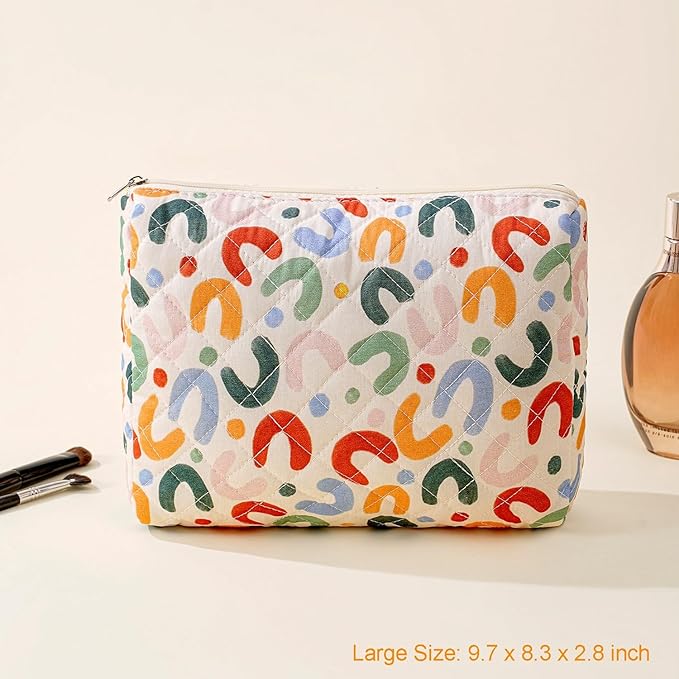 Gleyemor 2 Pieces (Large + Small) Quilted Makeup Bag, Cute Floral Cosmetic Bag for Women, Travel Toiletry Cotton Bag Tote Bag Organizer (Colorful U)