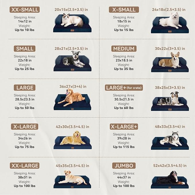 Large Dog Bed Orthopedic Washable | Beds Bolster Pet | XL Large Big Dogs | Memory Foam Couch Sofa | Waterproof with Removable Cover | Navy Blue Dog Bed