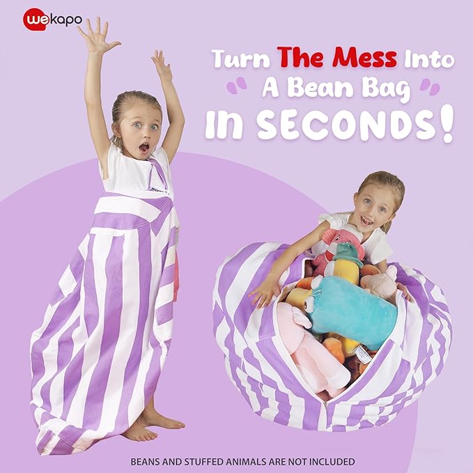 WEKAPO Stuffed Animal Storage Bean Bag Chair Cover for Kids | Stuffable Zipper Beanbag for Organizing Children Plush Toys Large Premium Cotton Canvas (Purple, XX-Large)