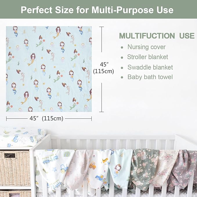 OWLOWLA Muslin Swaddle Blankets for Baby Boys Girls,2 Pack Baby Swaddle Blanket 45x45 Inches,Muslin Cotton Receiving Blanket Wrap for Unisex Newborn(Gray Floral&Mermaid)