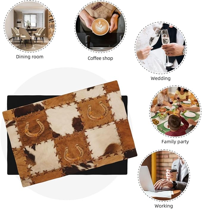 Vintage Cowhide Animal Placemats, Old West Country Cow Animal Fur Patchwork Abstract Horseshoe Print Washable Fabric Placemats Table Kitchen Dining Party 12x18 Inch Set of 4