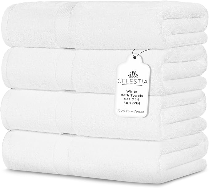 Villa Celestia 600 GSM 100% Cotton Bath Towels, White, Set of 4, Highly Absorbent, Plush, Soft, Quick Dry, 4 Pieces Combed Cotton Luxury Towels for Hotels, Spa, Salon, Bathroom, Dorm, Pack of 4