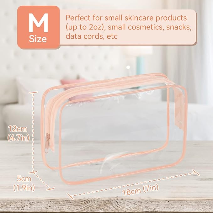 TISRATOK 24 PCS Clear Toiletry Bag for Women Men, Transparent Cosmetic Bag for Travel Makeup Organizer TSA Approved Pouch - Orange-pink,Medium