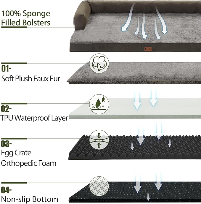 Casa Paw Orthopedic Dog Beds for Large Sized Dogs, Waterproof Egg Crate Foam Large Dog Couch Beds with Comfy Bolster 36x27Inch, Washable Pet Beds with Removable Cover and Nonskid Bottom, Dark Green