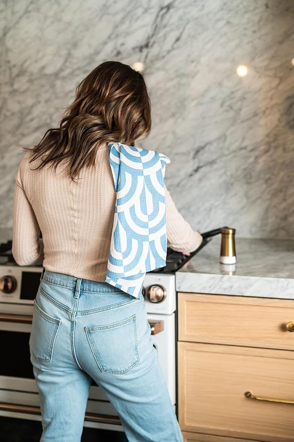 Desert Aqua 2 Pack Double Sided || Not Your Ordinary Kitchen Towels || Dish Towels || Quick Dry || Waffle Weave Microfiber|| Highly Absorbent || Hanging Hook (Blue Geometric)
