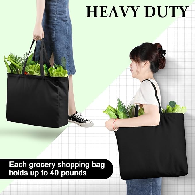Reginary 12 Pack Canvas Grocery Bag Large Blank Shopping Tote Bags Reusable Pouches Bulk with Handle, 14 x 14 x 7.9''(Black)