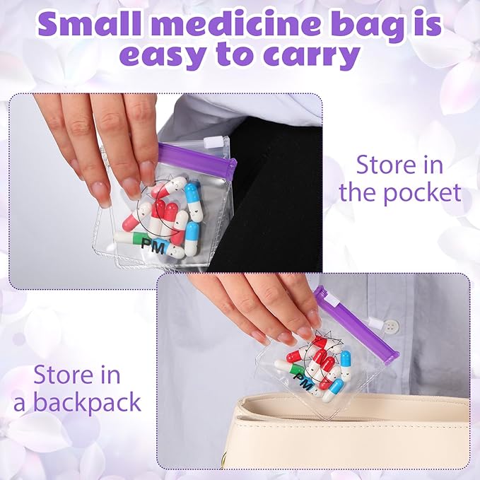 24 Pieces Pill Pouch Bags Zippered Pill Pouch Set Reusable Translucent Medicine Organizer Self Sealing Medicine Bag Travel Plastic Pill Bags with Slide Lock Pill Baggies for Pills (Purple, Clear)