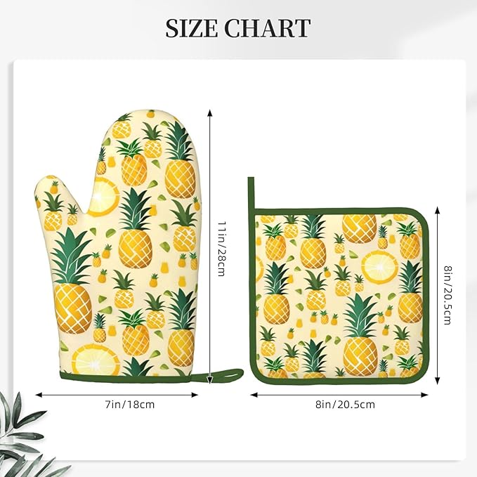 Oven Mitts and Potholders Funny Pineapple Silicone Glove Heat Resistant, Kitchen Gloves for Cooking, 2-Piece Set