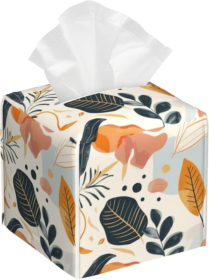 Tissue Box Cover Leather Tissue Box Holder Cube Tissue Case Cover Facial Paper Organizer Dispenser for Bathroom, Vanity Countertop, Office Desk (Tropical Abstract Leaves)